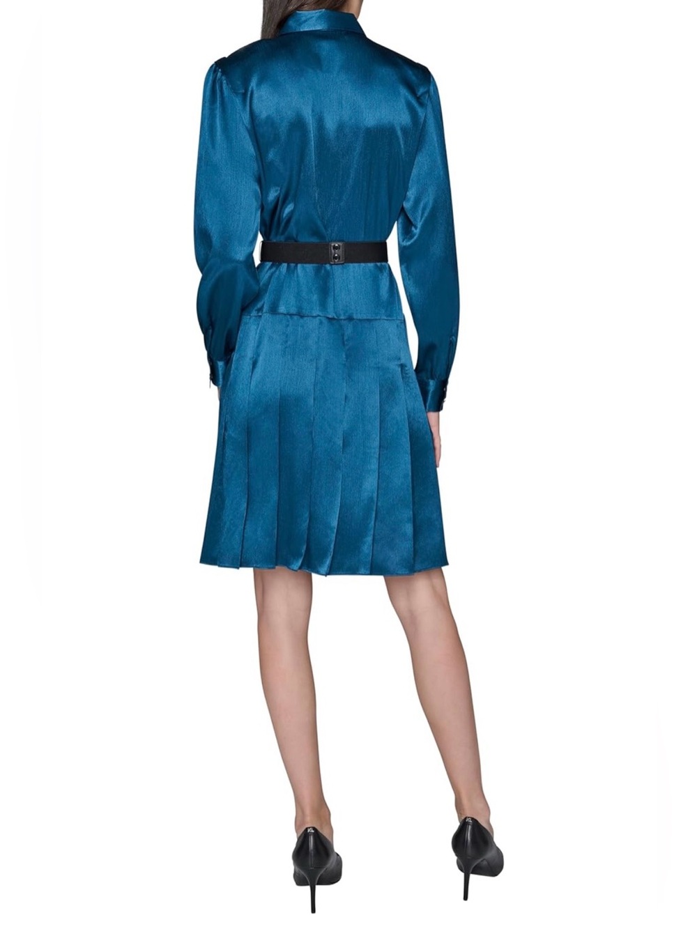 Karl Lagerfeld Teal Satin Long-Sleeve Button-Down Belted Midi Shirt Dress - Picture 4 of 15